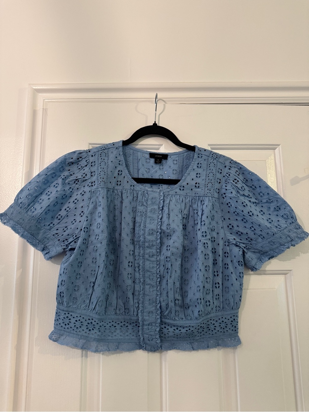 J.Crew Light Blue Eyelet Puff Sleeve Cropped Top